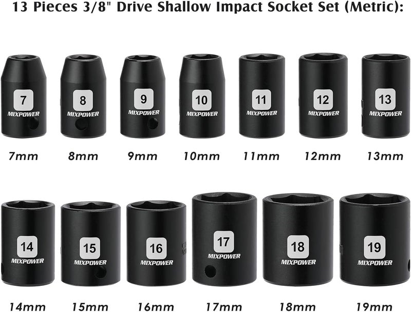 MIXPOWER 13 Pieces 3/8-Inch Drive Shallow Impact Socket Set, 7mm to 19mm, CR-V, Metric, 6 Point, Shallow, 13 Pieces 3/8" Dr. Socket - Image 3